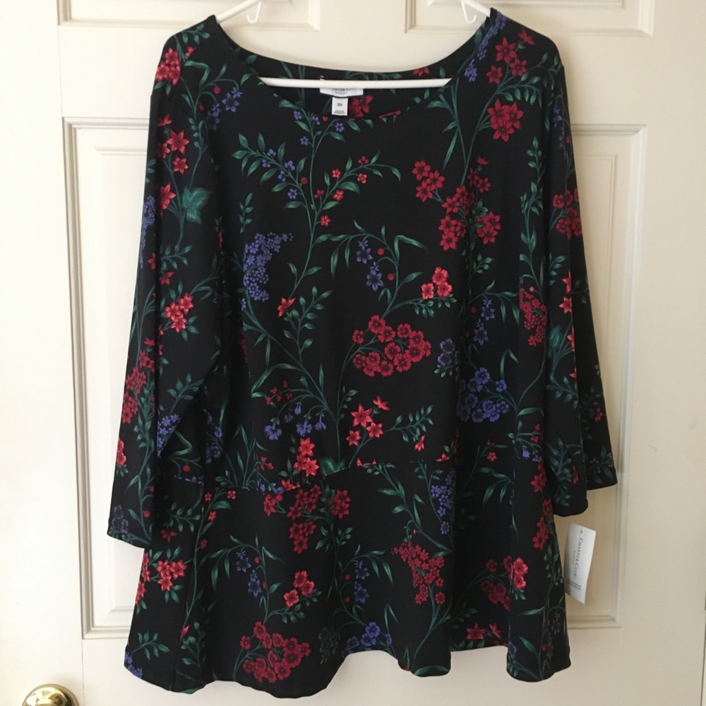 NEW 3X Charter Club Tunic Floral 3/4 Sleeve Black Floral Jewel Tones *see note